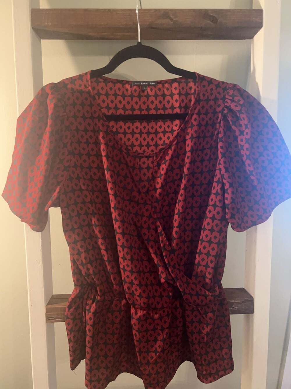 West Kei Women's Red and Black Geometric Print Wrap Blouse Size L